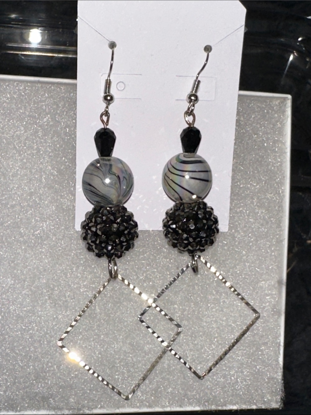 Handmade Earrings! Black and Silver Swirl Bead Dangle Earrings